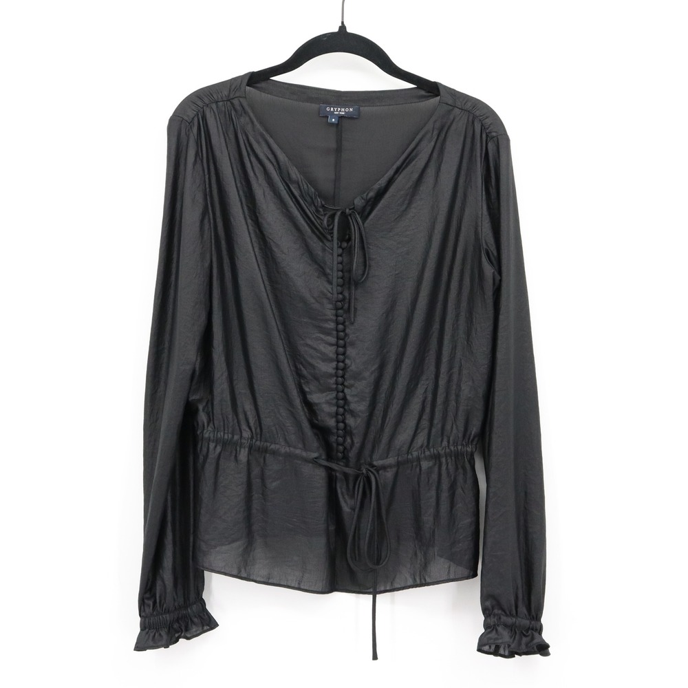 Gryphon Peasant Top Womens S Black Long Sleeve  Tie Waist Dark‎ Feminine Boho